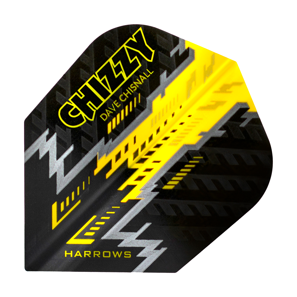 Das Bild zeigt ein Dartflight mit dem Namen "Harrows Dave Chisnall Prime Schwarz Gelb No6". Das Design ist überwiegend schwarz mit gelben und silbernen grafischen Elementen und der Aufschrift "CHIZZY" und "HARROWS".
